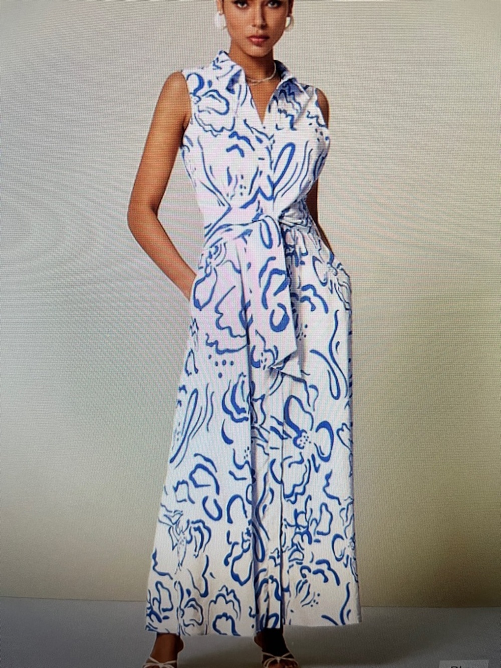 Ador Curve Pocket Sleeveless Shirt Maxi Dress White Blue Floral Size‎ M